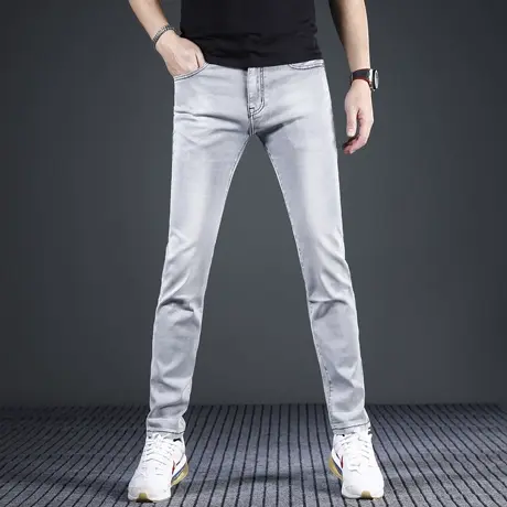 美式潮牌牛仔裤男款修身小脚2024新款浅灰色夏季薄款休闲男士裤子商品大图