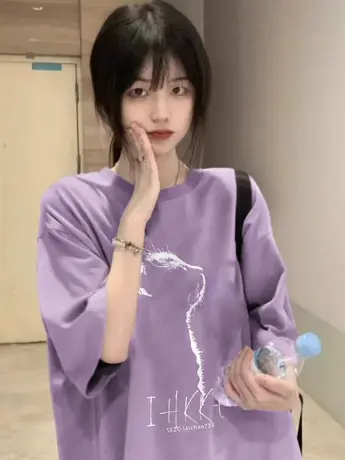 美式纯棉短袖t恤女夏季大码半袖慵懒风设计感小众chic港味上衣服商品大图