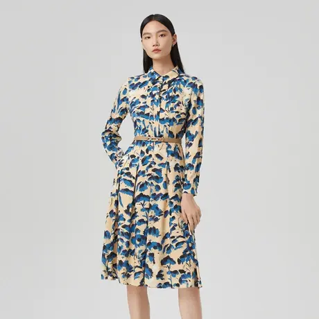 【桑蚕丝】LANCY/朗姿春季新款收腰印花连衣裙女百褶女裙子商品大图