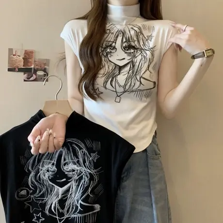 半高领飞飞袖T恤女夏季韩版修身短款小个子百搭短袖上衣体恤ins潮图片