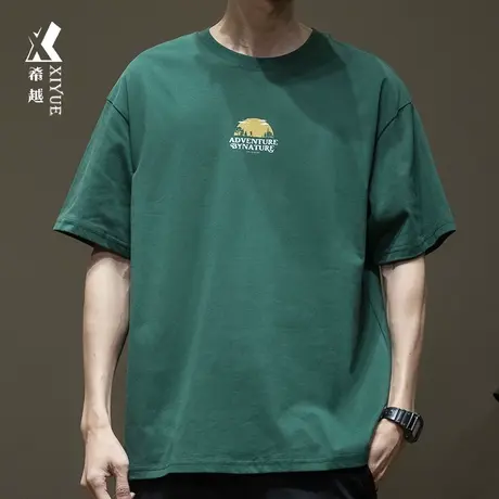 希越260g重磅短袖T恤男春季墨绿色三本针打底衫宽松大码男士体恤商品大图