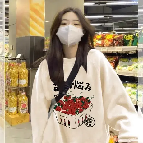 杏色奶系卫衣女秋冬加绒加厚宽松oversize潮牌小众设计感圆领上衣商品大图