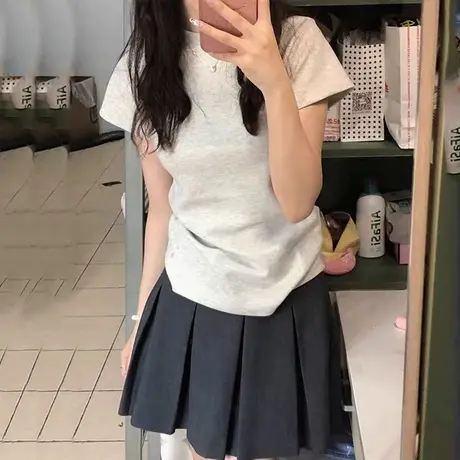 纯色简约圆领正肩短袖T恤女夏装2024新款韩版百搭纯棉半袖上衣服商品大图