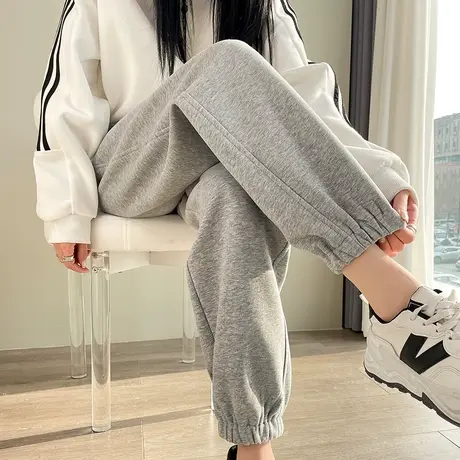 灰色运动裤女2024新款春秋高腰宽松束脚休闲裤直筒小个子哈伦卫裤图片
