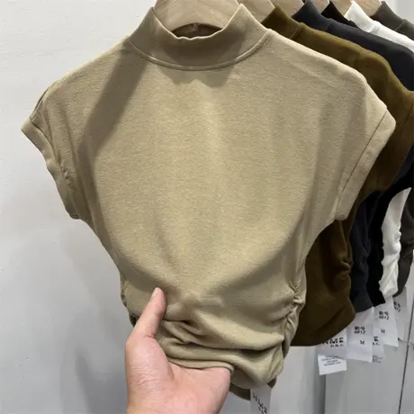 短款褶皱飞飞袖T恤女夏装百搭修身显瘦小众设计感半高领短袖上衣商品大图