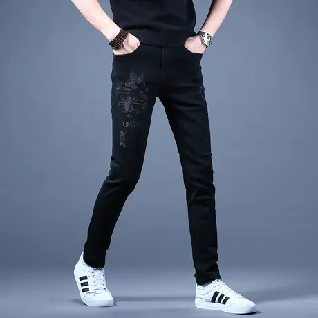 弹力男士高档黑色刺绣牛仔裤男款秋款季修身小脚韩版潮流裤子休闲图片