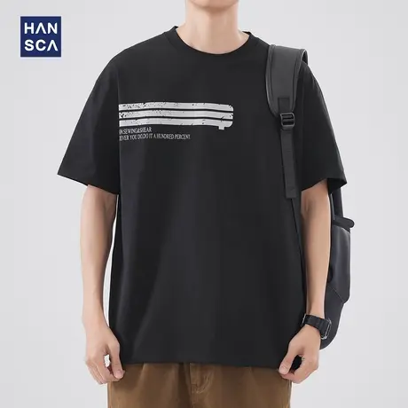 hansca 圆领做旧短袖T恤男夏季新款美式潮牌复古水洗宽松休闲上衣商品大图