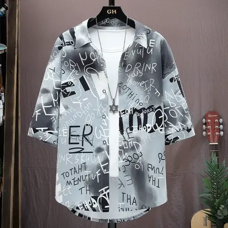 印花短袖衬衫男夏季宽松潮流凉感帅气上衣服薄款外套冰丝男士衬衣商品大图