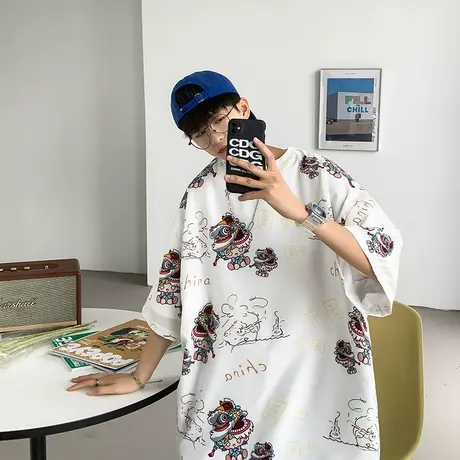 国潮满印重磅短袖t恤男款夏季高街ins潮牌青少年宽松大码嘻哈体恤商品大图