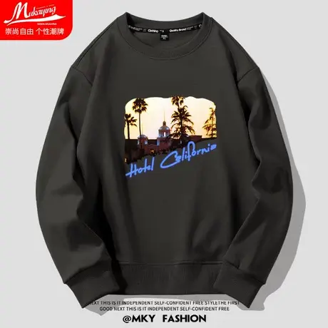 加州旅馆摇滚复古街头潮流深灰色圆领卫衣油画印花宽松长袖套头衫商品大图