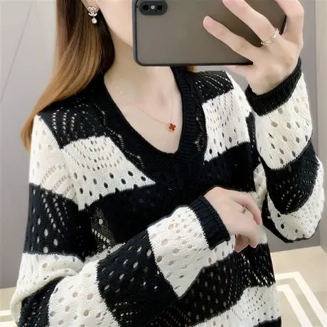 洋气初秋2022新款外穿薄毛衣女V领镂空针织衫别致上衣女长袖小衫图片
