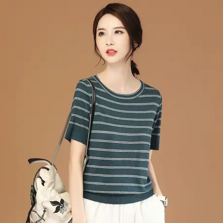 韩潮袭人圆领短袖条纹针织衫女夏新款宽松显瘦休闲T恤上衣薄款图片