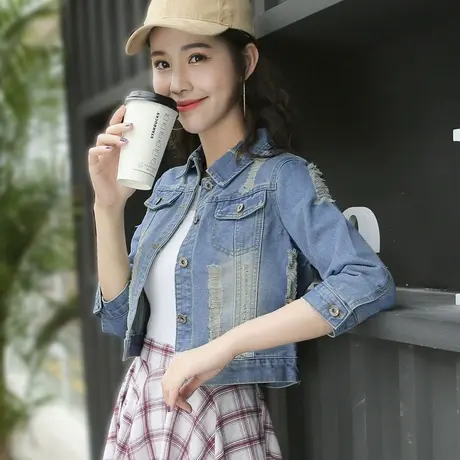 牛仔外套女短款修身韩版潮显瘦学生七分袖春秋牛仔服上衣破洞6-1图片