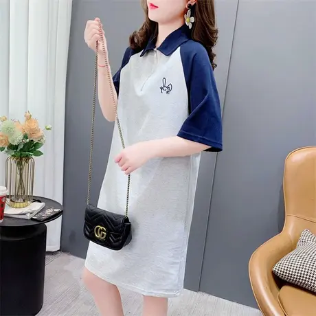 日系拼色Polo领短袖T恤连衣裙女夏季2023新款宽松中长款休闲长裙图片