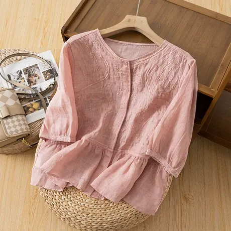 享永子五分袖苎麻上衣女薄文艺复古重工刺绣棉麻小衫2023夏季新款商品大图