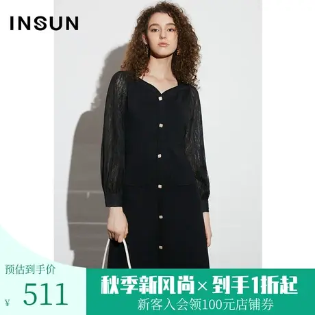 恩裳COVER2023年春款新款时尚减龄拼接半通透袖针织层次感连衣裙图片