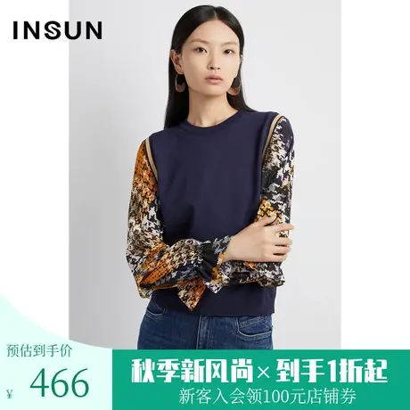 恩裳春秋季时尚拼接千鸟格印花袖休闲百搭衬衫上衣图片