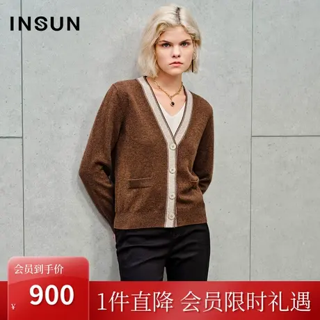 恩裳2023秋季新款牦牛绒简约撞色边V领美拉德针织外套商品大图