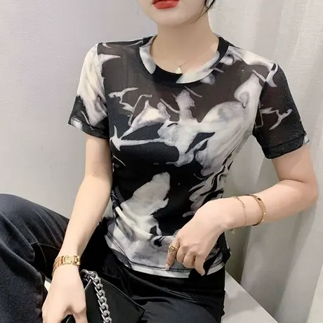 气质扎染印花短袖T恤女夏装新款性感网纱圆领小衫心机微透上衣潮商品大图