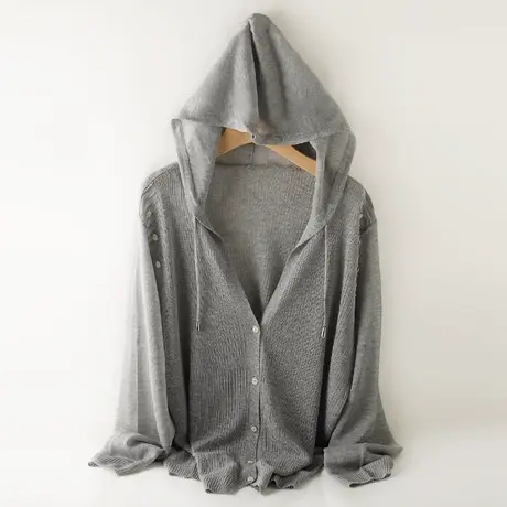 冰丝薄款夏季宽松连帽针织衫开衫外搭薄披肩防晒外套长袖纯色休闲商品大图