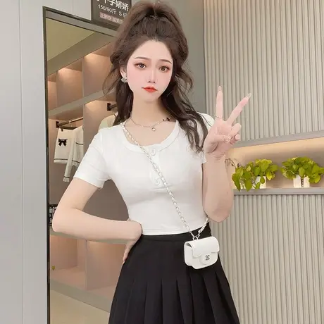 纯棉白色正肩短款t恤女夏季圆领紧身设计感小众短袖修身纯欲上衣商品大图