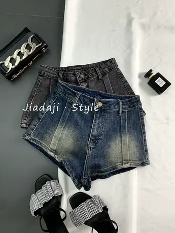 韩版磨白复古牛仔短裤2023春夏新款显瘦百搭弹力包臀裤高腰a字裤商品大图