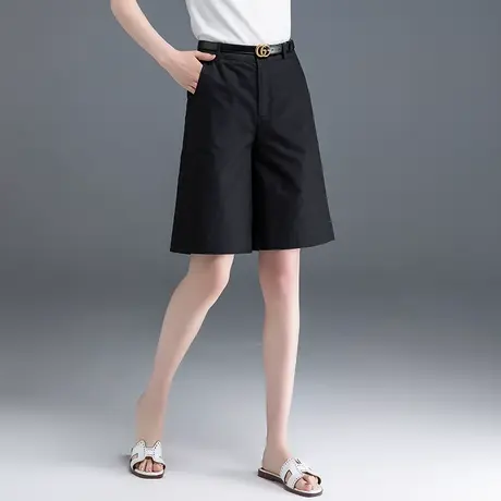 黑色棉麻短裤女夏薄款亚麻女裤冰丝五分裤女夏季阔腿中裤a字5分裤商品大图