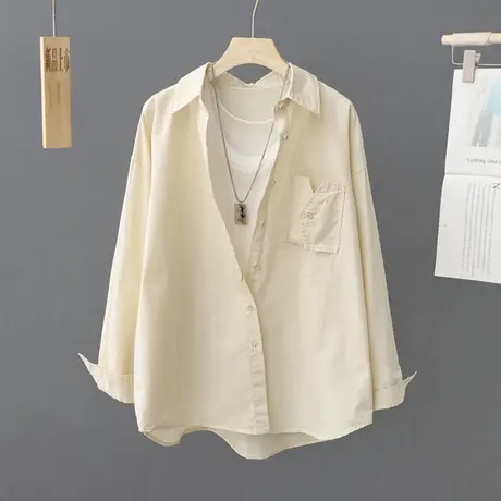 糖果色衬衫女2023年新款春秋宽松纯棉奶黄色衬衣设计感小众上衣女图片