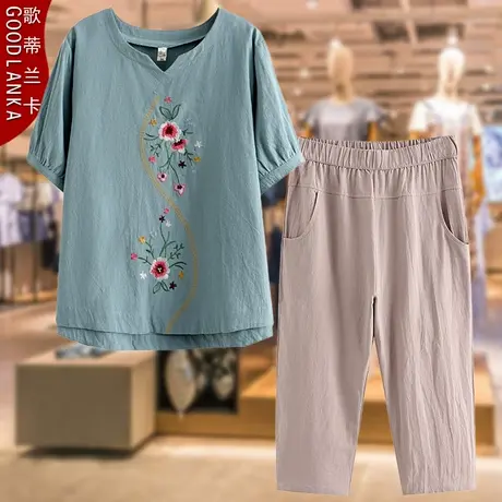 加肥加大码中老年妈妈夏装棉麻套装宽松洋气刺绣民族风短袖两件套商品大图