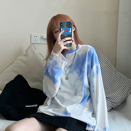 ins超火港风扎染长袖t恤女春秋宽松韩版潮学生中长款打底衫上衣服商品大图
