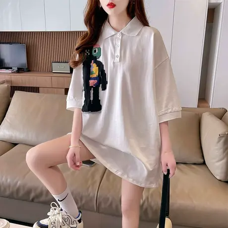 小众设计感短袖t恤女夏装韩版宽松大码女装中长款小个子翻领上衣商品大图