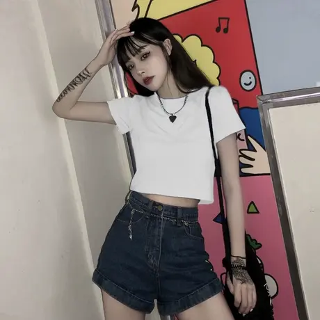 夏季新款小众设计感薄款别致潮上衣甜酷白色短袖短款宽松T恤女装商品大图
