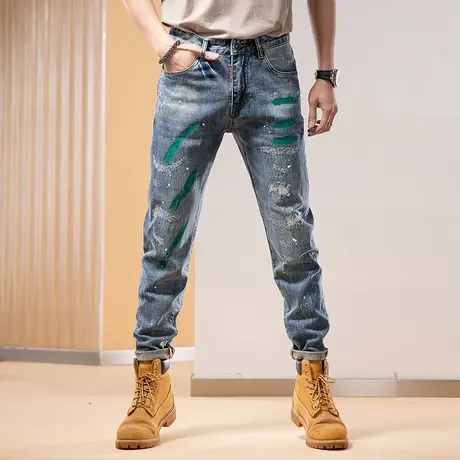 Modi Nick/摩帝尼克男牛仔裤破洞潮牌美式休闲牛仔裤男款印花时尚商品大图