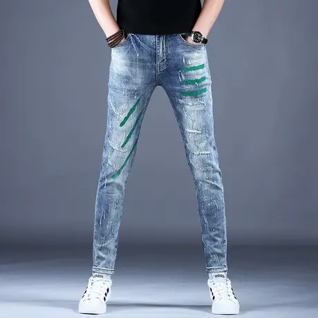 男士泼墨水洗破洞牛仔裤男款修身小脚裤子男美式高街春秋新款休闲商品大图