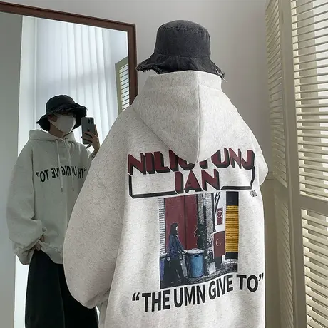 美式连帽卫衣男春秋季新款高街潮牌印花上衣大码宽松薄款长袖外套商品大图