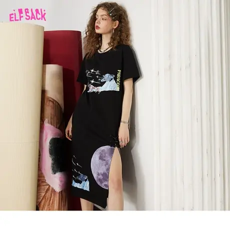 妖精的口袋新中式开叉黑色连衣裙女2023春夏季新款t恤裙气质显瘦图片