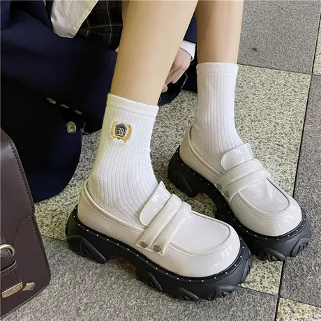 大头厚底一脚蹬黑色小皮鞋女2023年春秋季新款日系英伦风乐福单鞋商品大图