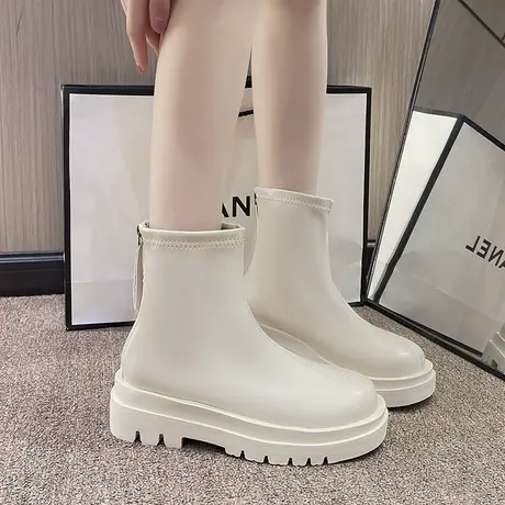 白色短靴子女厚底切尔西松糕跟马丁靴小个子短筒单靴秋冬款烟筒靴商品大图