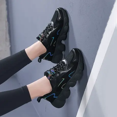 全黑色鞋子女运动鞋舒适防滑上班鞋2023春夏新款百搭老爹鞋女大码图片