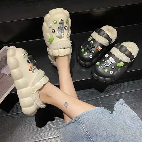 厚底洞洞鞋女冬季2023新款可爱卡通包头防滑保暖加绒棉拖鞋可外穿商品大图