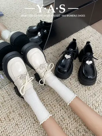 厚底黑色小皮鞋女2024春季新款增高系带英伦风复古百搭乐福鞋单鞋商品大图
