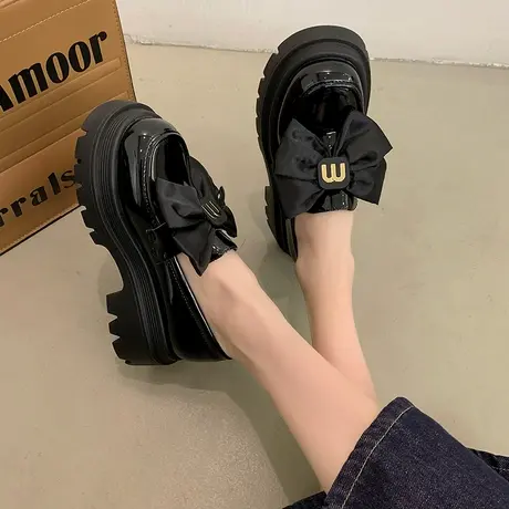蝴蝶结厚底乐福鞋女款2025新款女鞋春秋一脚蹬小皮鞋英伦风单鞋子商品大图