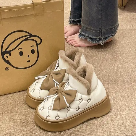 防水棉拖鞋女冬季可爱蝴蝶结室内保暖加绒包跟厚底高帮棉鞋可外穿商品大图