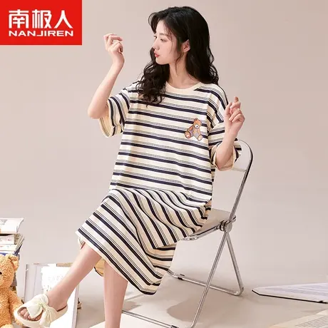 南极人睡衣女夏天纯棉短袖中长睡裙2023年新款夏季小熊条纹家居服商品大图