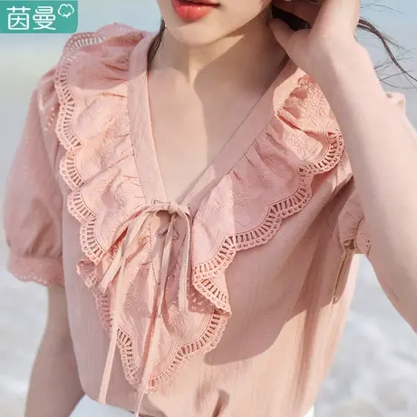 茵曼法式衬衫女荷叶边V领上衣夏天女款短袖2023年新款时尚洋气商品大图