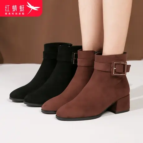 红蜻蜓短靴女加绒保暖百搭绒面圆头中跟时装靴纯色休闲粗跟短筒靴商品大图