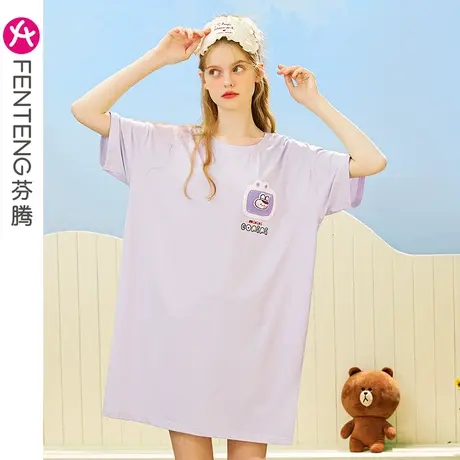 芬腾睡裙女纯棉短袖夏季薄款透气可爱卡通布朗熊可外穿家居服睡裙商品大图