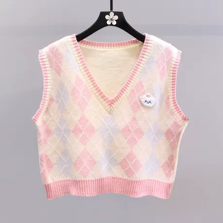 撞色菱格针织马甲女秋冬2023新款甜美学院风外搭坎肩毛衣背心上衣图片