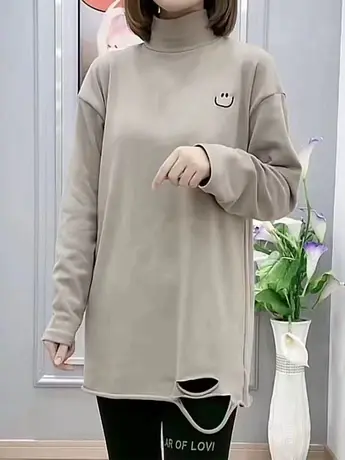 中长款高领破洞打底衫女宽松大码冬季磨毛加厚长袖印花T恤上衣潮商品大图