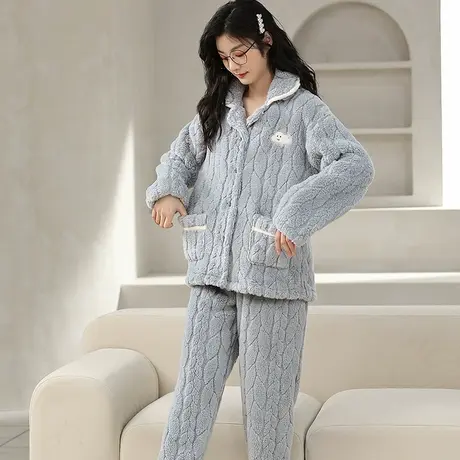 珊瑚绒睡衣女秋冬季加厚加绒冬天男士法兰绒情侣家居服套装可外穿图片